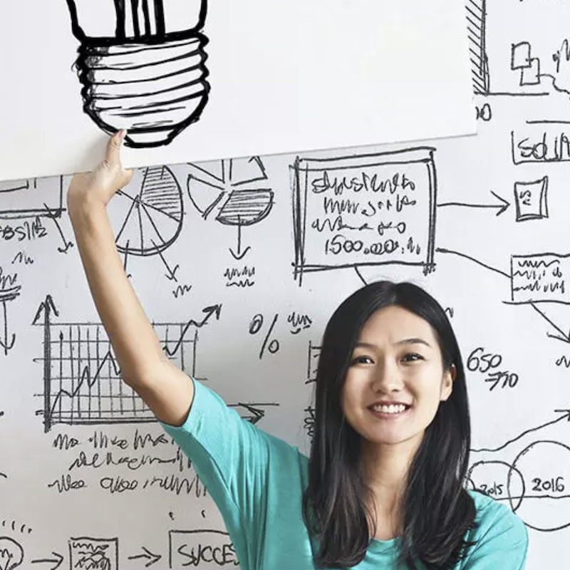 A person with the sketch featuring lamp bulb
