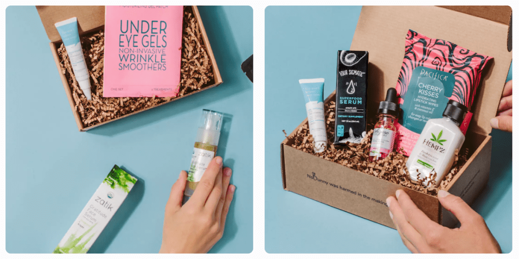 Two corporate gift boxes filled with different wellness and skincare products