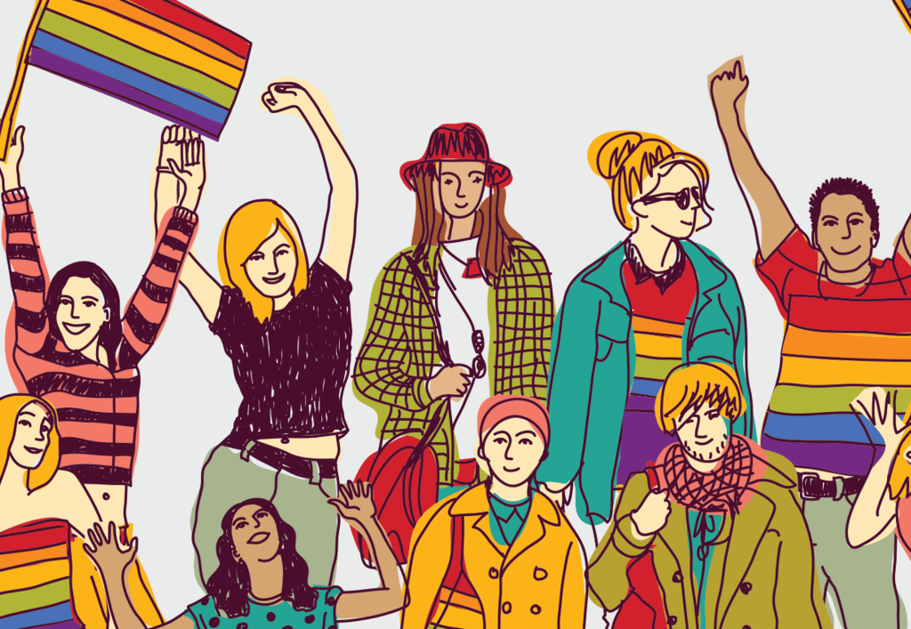 An illustration of smiling people wearing rainbow-printed clothes and waving the Rainbow Flag
