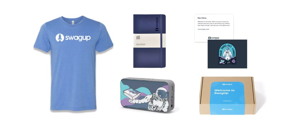 Welcome pack that consists of a t-shirt, notebook, organizers 