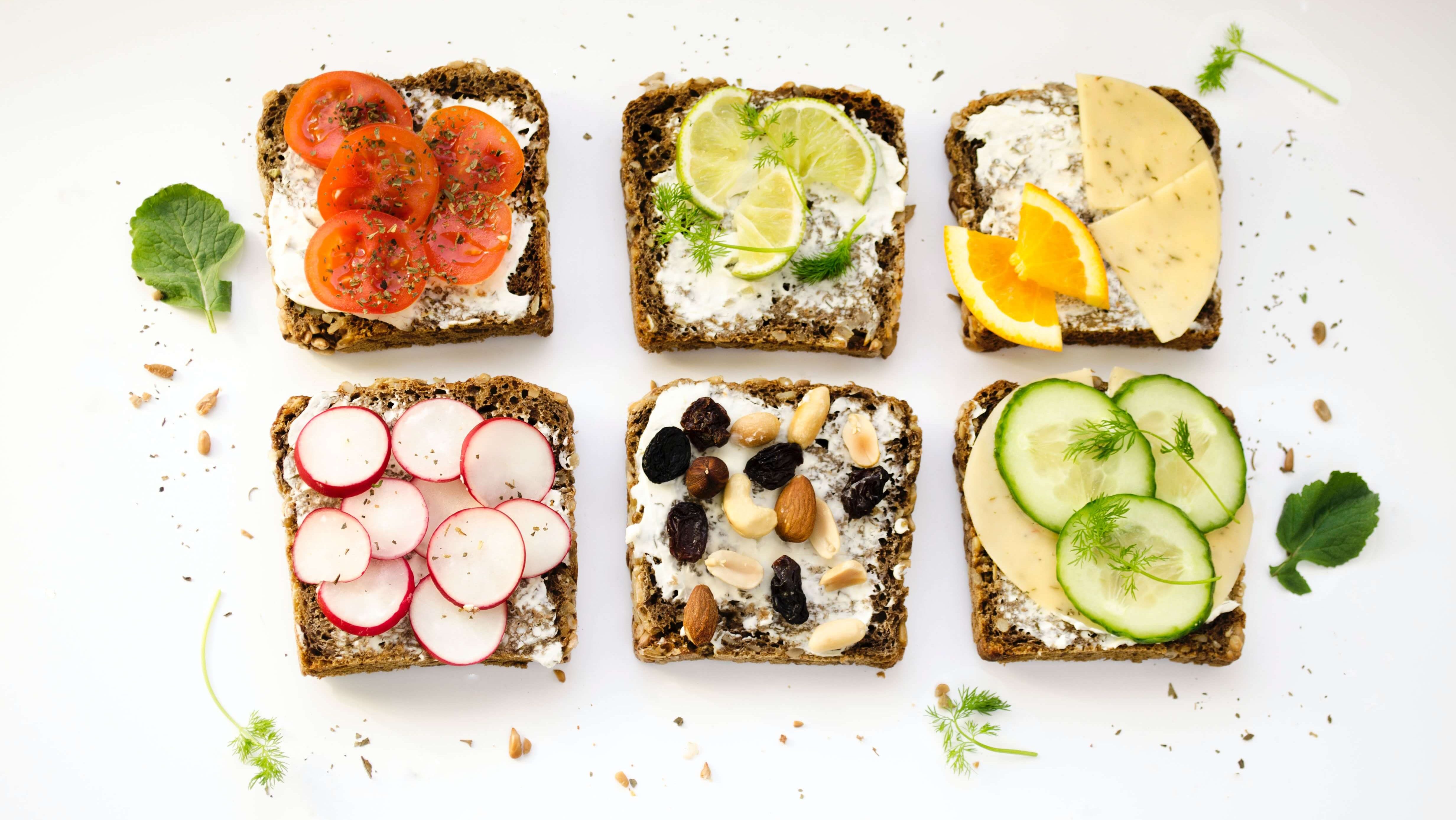 Picture depicts 6 different sandwiches made of healthy ingredients 