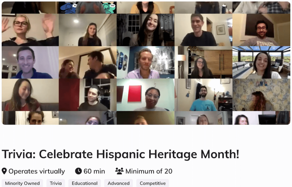 A screenshot of a Hispanic Heritage Month Trivia experience on the Thriver marketplace