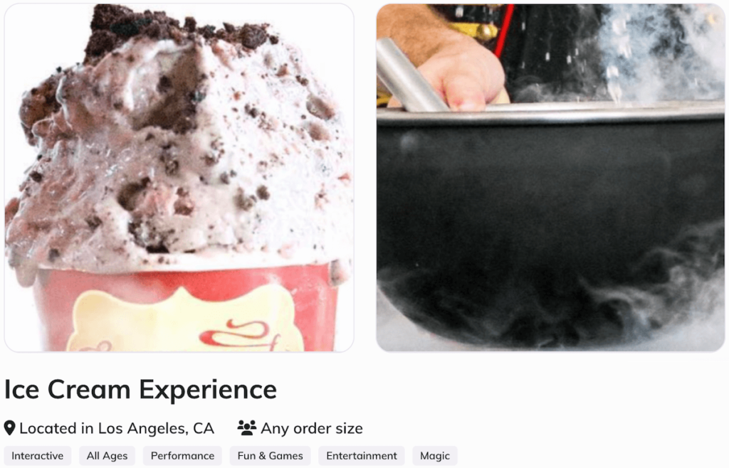 A screenshot of Ice Cream catering service on the Thriver marketplace