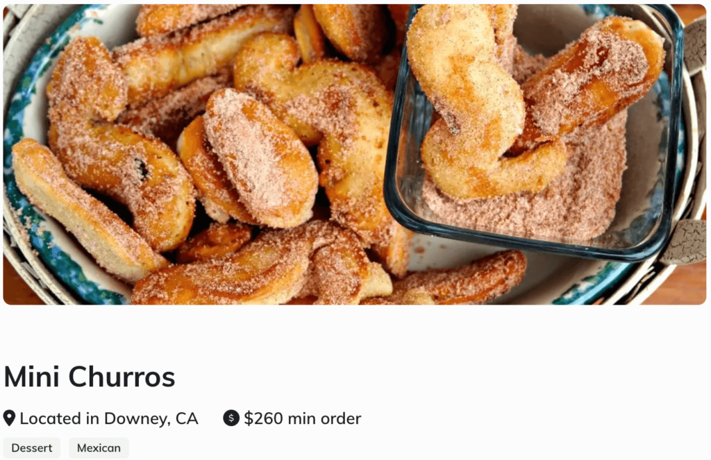 A screenshot of Mini Churros catering service on the Thriver marketplace