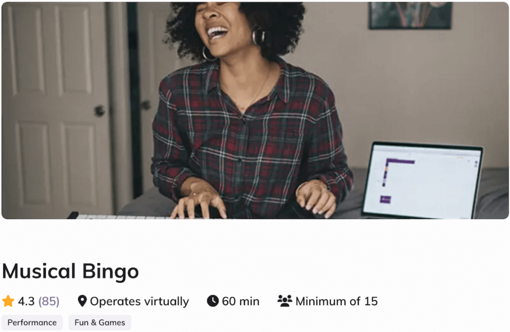 A screenshot of a Musical Bingo experience from the Thriver platform